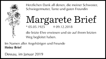 Traueranzeige von Margarete Brief von Mitteldeutsche Zeitung Dessau-Roßlau