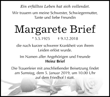 Traueranzeige von Margarete Brief von Mitteldeutsche Zeitung Dessau-Roßlau