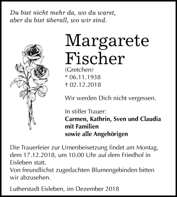 Traueranzeige von Margarete Fischer von Mitteldeutsche Zeitung Mansfelder Land