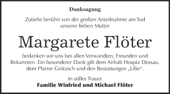Traueranzeige von Margarete Flöter von WVG - Wochenspiegel Dessau / Köthen