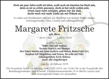 Traueranzeige von Margarete Fritzsche von Mitteldeutsche Zeitung
