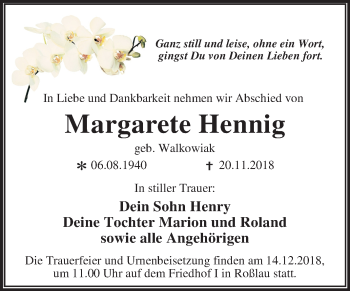 Traueranzeige von Margarete Hennig von Mitteldeutsche Zeitung Dessau-Roßlau