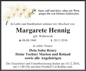 Traueranzeige von Margarete Hennig von WVG - Wochenspiegel Dessau / Köthen