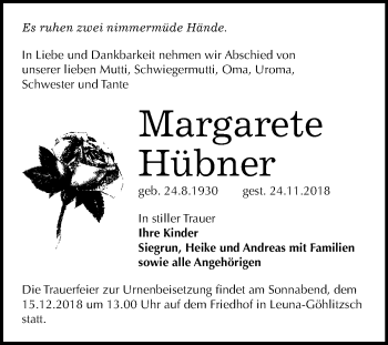 Traueranzeige von Margarete Hübner von WVG - Wochenspiegel Merseburg