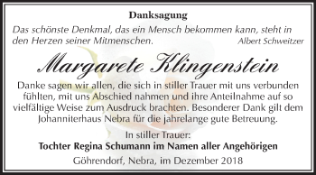 Traueranzeige von Margarete Klingenstein von Mitteldeutsche Zeitung Merseburg/Querfurt