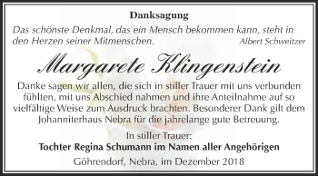 Traueranzeige von Margarete Klingenstein von WVG - Wochenspiegel Merseburg