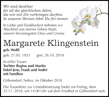 Traueranzeige von Margarete Klingenstein von Mitteldeutsche Zeitung Naumburg/Nebra