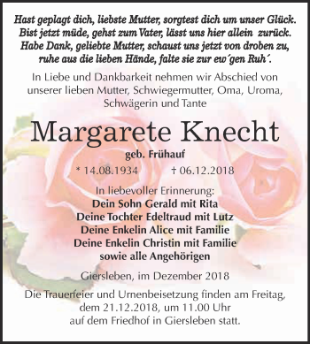 Traueranzeige von Margarete Knecht von Super Sonntag Aschersleben