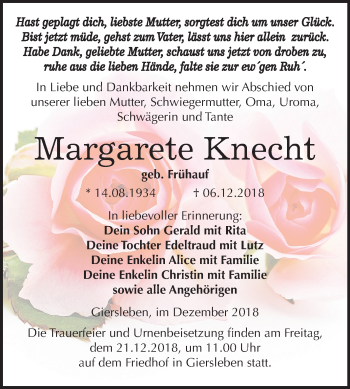 Traueranzeige von Margarete Knecht von Mitteldeutsche Zeitung Aschersleben
