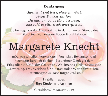 Traueranzeige von Margarete Knecht von Mitteldeutsche Zeitung Aschersleben