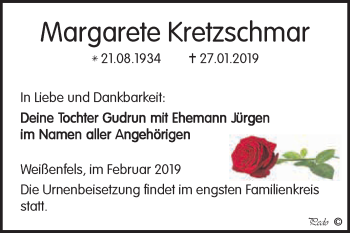 Traueranzeige von Margarete Kretzschmar von WVG - Wochenspiegel NMB / WSF / ZTZ
