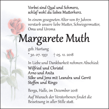 Traueranzeige von Margarete Muth von Mitteldeutsche Zeitung Sangerhausen