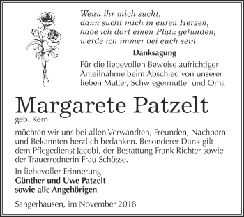 Traueranzeige von Margarete Patzelt von Super Sonntag SGH Mansf. Land