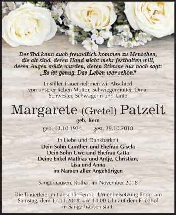 Traueranzeige von Margarete Patzelt von Super Sonntag SGH Mansf. Land