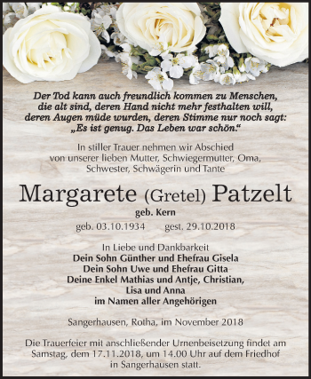 Traueranzeige von Margarete Patzelt von Mitteldeutsche Zeitung Sangerhausen