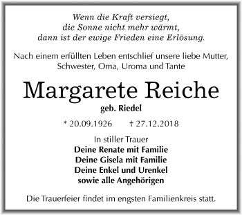 Traueranzeige von Margarete Reiche von Mitteldeutsche Zeitung Mansfelder Land
