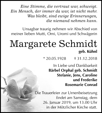 Traueranzeige von Margarete Schmidt von Mitteldeutsche Zeitung Halle/Saalkreis