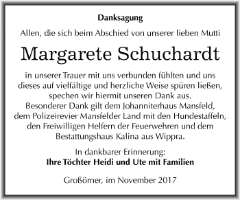 Traueranzeige von Margarete Schuchardt von Mitteldeutsche Zeitung Mansfelder Land