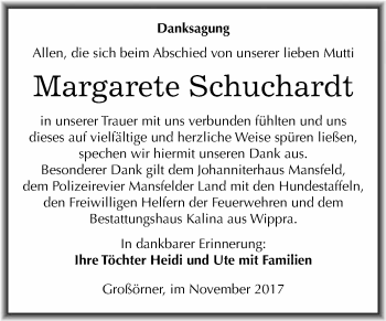 Traueranzeige von Margarete Schuchardt von Wochenspiegel Mansfelder Land