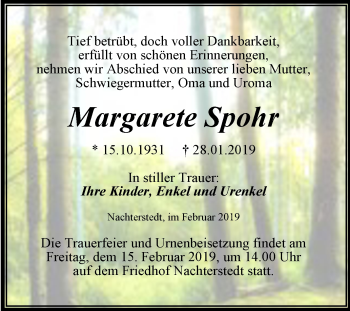 Traueranzeige von Margarete Spohr von Super Sonntag Aschersleben