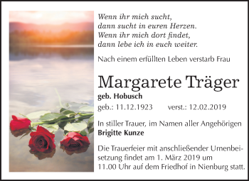 Traueranzeige von Margarete Träger von Mitteldeutsche Zeitung Bernburg