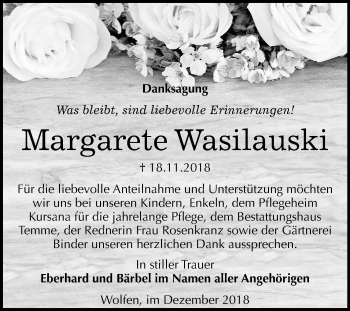 Traueranzeige von Margarete Wasilauski von Mitteldeutsche Zeitung Bitterfeld