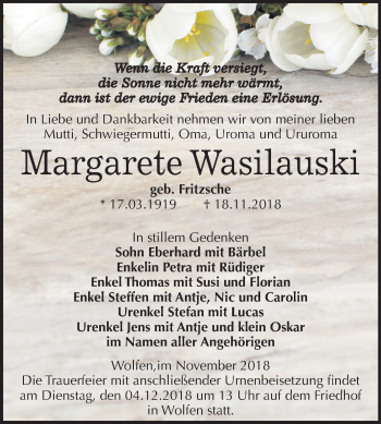 Traueranzeige von Margarete Wasilauski von Mitteldeutsche Zeitung Bitterfeld