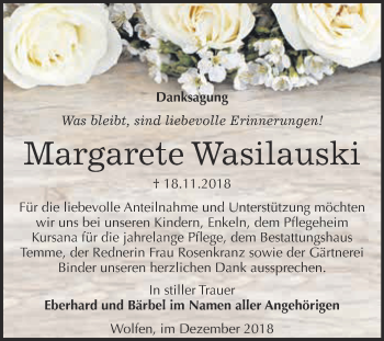 Traueranzeige von Margarete Wasilauski von WVG - Wochenspiegel Bitterfeld