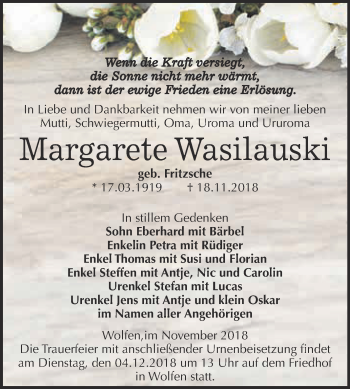 Traueranzeige von Margarete Wasilauski von WVG - Wochenspiegel Bitterfeld