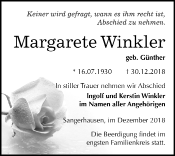 Traueranzeige von Margarete Winkler von Mitteldeutsche Zeitung Sangerhausen
