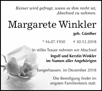 Traueranzeige von Margarete Winkler von Super Sonntag SGH Mansf. Land