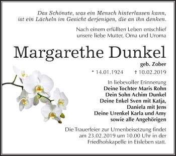 Traueranzeige von Margarethe Dunkel von Mitteldeutsche Zeitung Mansfelder Land