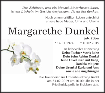 Traueranzeige von Margarethe Dunkel von Wochenspiegel Mansfelder Land