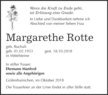 Traueranzeige von Margarethe Rotte von WVG - Wochenspiegel Wittenberg