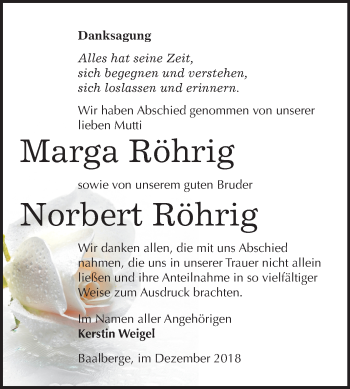 Traueranzeige von Marga und Norbert Röhrig von Mitteldeutsche Zeitung Bernburg