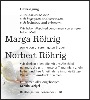 Traueranzeige von Marga und Norbert Röhrig von Super Sonntag Bernburg