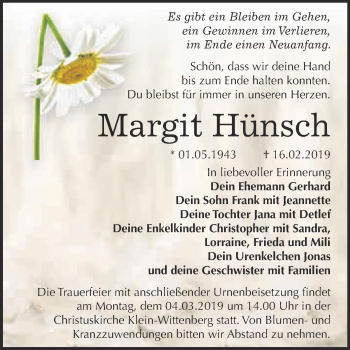 Traueranzeige von Margit Hünsch von WVG - Wochenspiegel Wittenberg