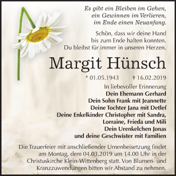 Traueranzeige von Margit Hünsch von Mitteldeutsche Zeitung