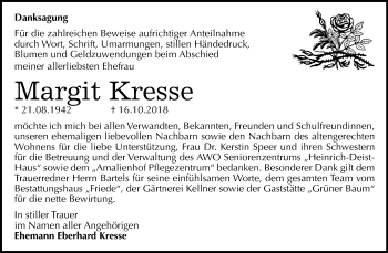 Traueranzeige von Margit Kresse von WVG - Wochenspiegel Dessau / Köthen