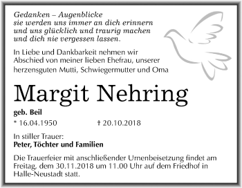 Traueranzeige von Margit Nehring von Mitteldeutsche Zeitung Halle/Saalkreis