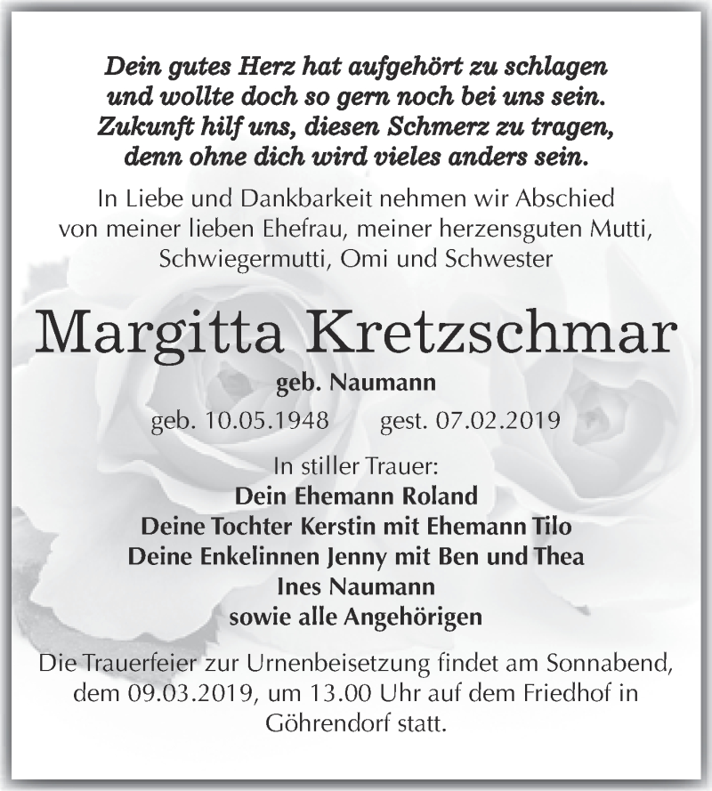  Traueranzeige für Margitta Kretzschmar vom 23.02.2019 aus WVG - Wochenspiegel Merseburg