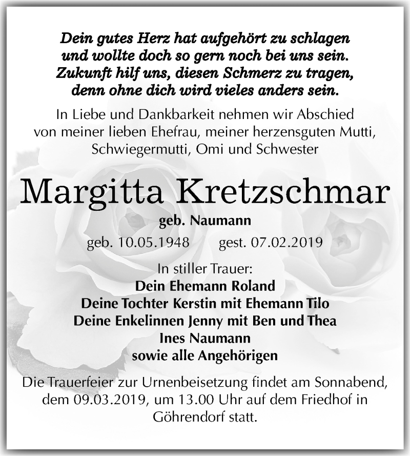  Traueranzeige für Margitta Kretzschmar vom 27.02.2019 aus Mitteldeutsche Zeitung Merseburg/Querfurt