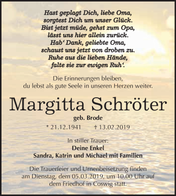 Traueranzeige von Margitta Schröter von WVG - Wochenspiegel Wittenberg