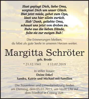 Traueranzeige von Margitta Schröter von Mitteldeutsche Zeitung Wittenberg