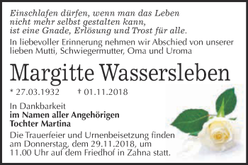 Traueranzeige von Margitte Wassersleben von WVG - Wochenspiegel Wittenberg