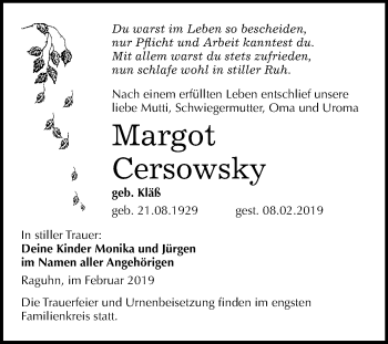 Traueranzeige von Margot Cersowsky von Mitteldeutsche Zeitung Bitterfeld