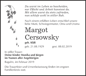 Traueranzeige von Margot Cersowsky von WVG - Wochenspiegel Bitterfeld