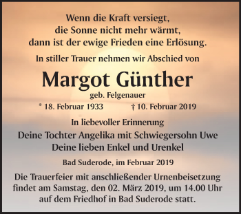 Traueranzeige von Margot Günther von Mitteldeutsche Zeitung Quedlinburg