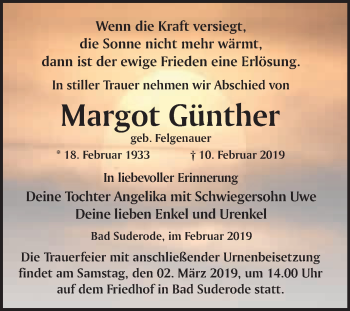 Traueranzeige von Margot Günther von WVG - Wochenspiegel Quedlinburg