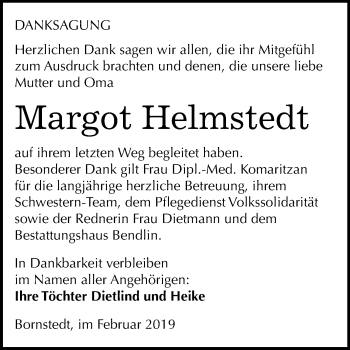 Traueranzeige von Margot Helmstedt von Mitteldeutsche Zeitung
